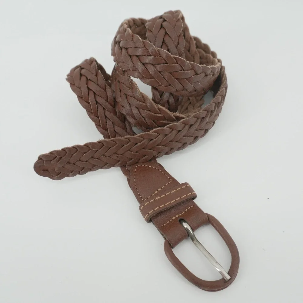 Braided Belt Womens 36 Brown Leather Woven Wrap Buckle Classic